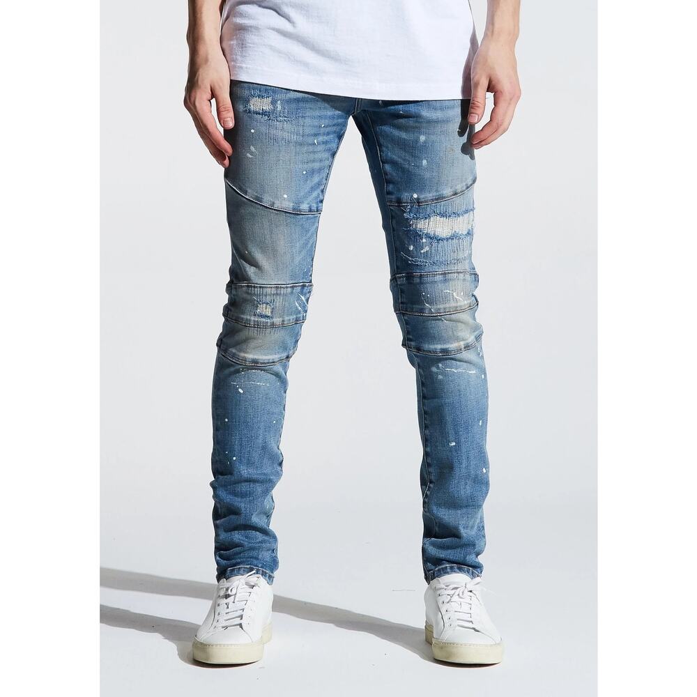Crysp Denim Men's Moto Distressed Rip & Repair Paint Splatter Skinny Fit Jeans